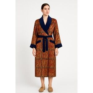 Victoria Secret Vintage-Inspired Tapestry Robe with Navy Satin Trim & Belted